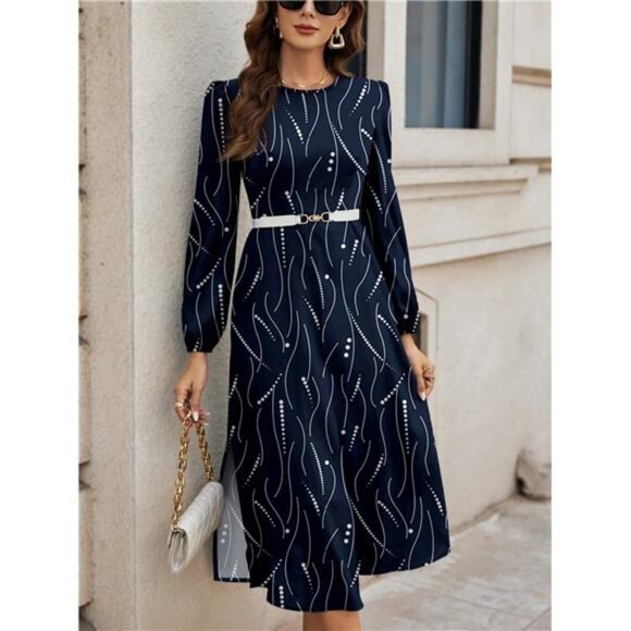 Casual Elegant Polka Dot Crew Neck Long Sleeve Dress, Suitable For Summer - Picture 1 of 12